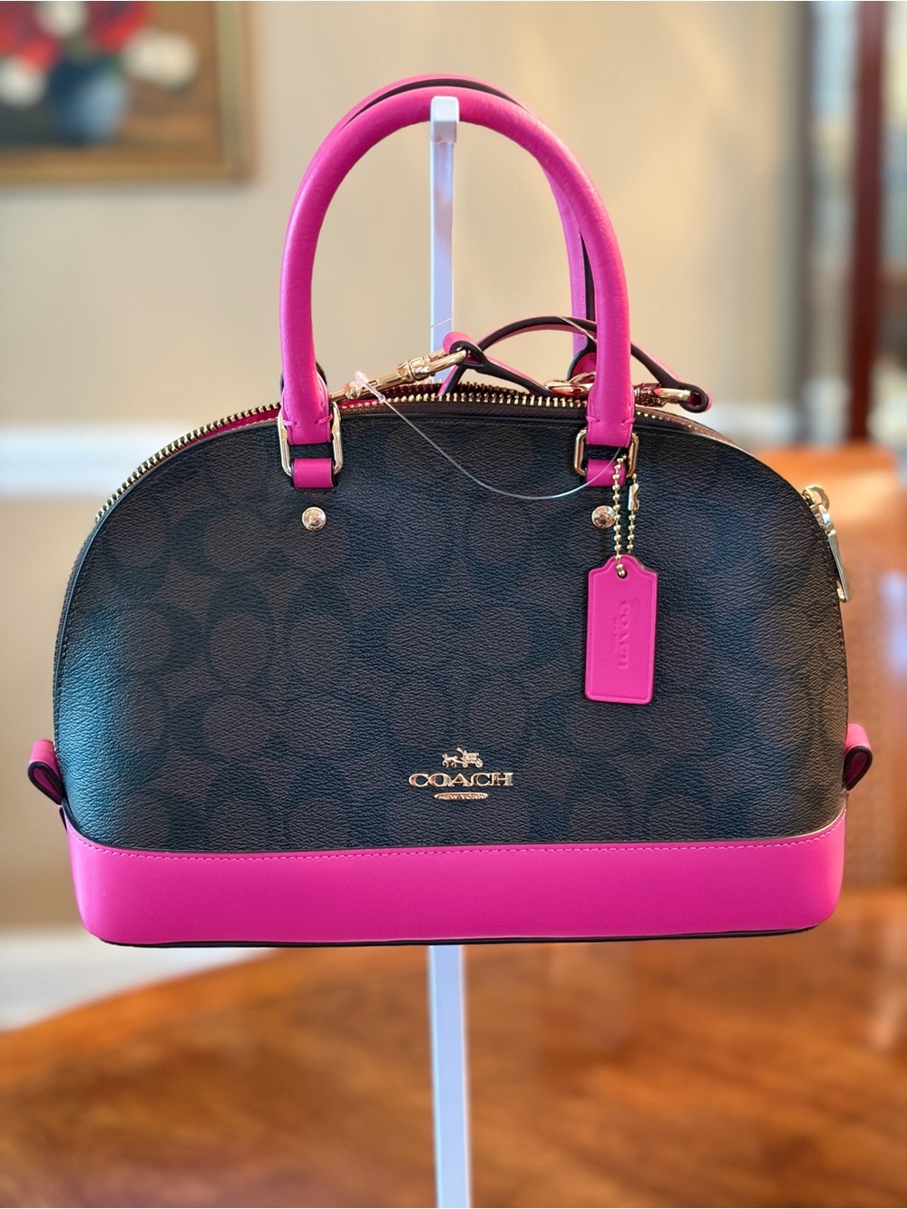 Coach Brown Signature Mini Sierra Dome Satchel with Fuscia Trim - Picture 1 of 7